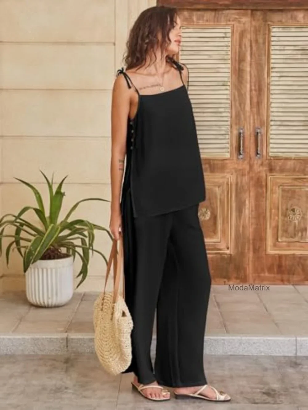 Women's 2 Piece Lounge Set Sleeveless Square Neck Top Wide Leg Pants with
